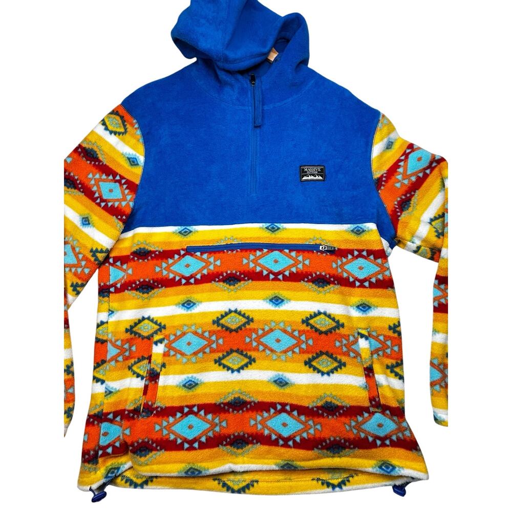 Massive Outdoor XL Aztec Southwestern Fleece Hooded Pullover Blue Multicolor - Picture 2 of 11